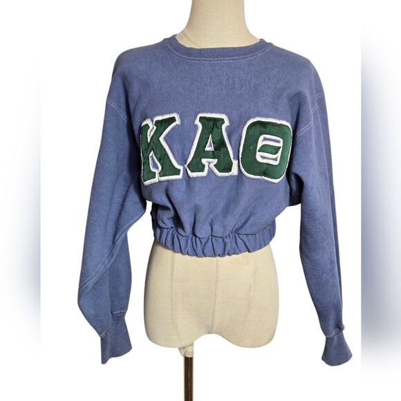 Nasty Gal Champion Blue and Green Fraternity College Cropped Sweatshirt - Picture 1 of 6